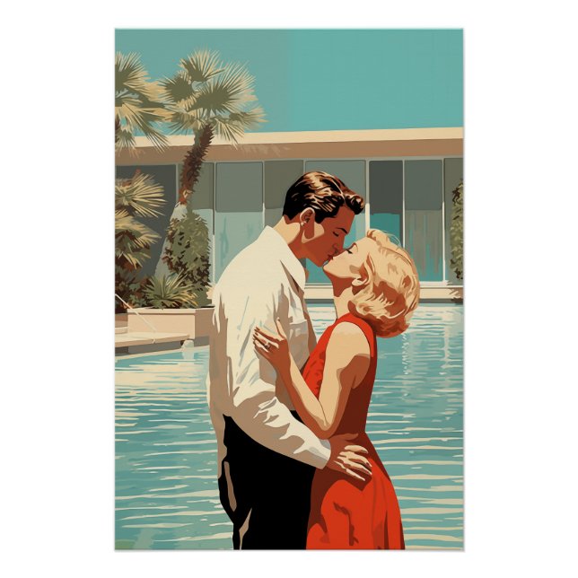 50s Couple Kissing By The Pool Poster (Front)
