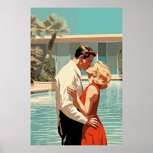 50s Couple Kissing By The Pool Poster