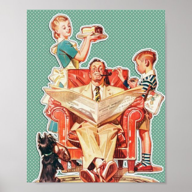 50s Family with Dog Retro Wall Art Poster (Front)