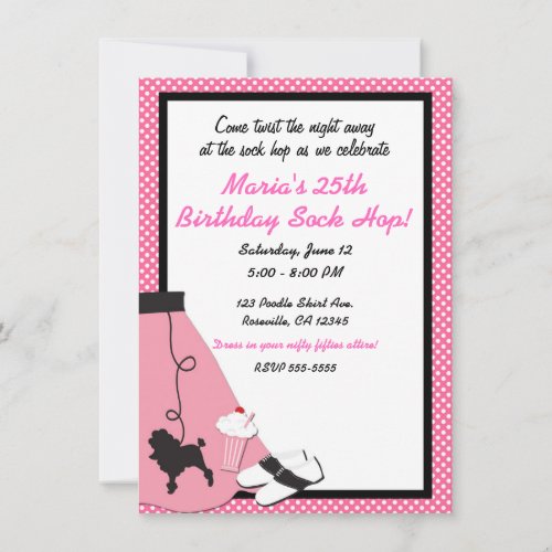 50s fifties Sock Hop Pink Poodle Skirt Party Invitation