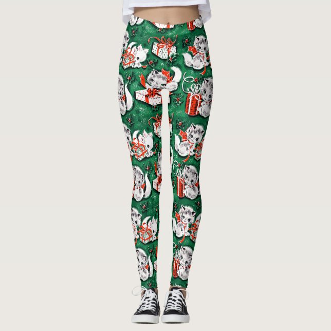50's Green Vintage Christmas Pattern with Kittens Leggings (Front)