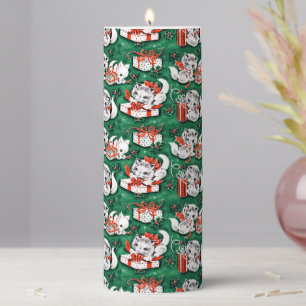 50's Green Vintage Christmas Pattern with Kittens Pillar Candle