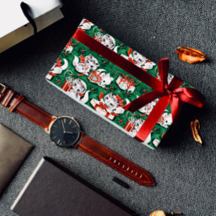 50's Green Vintage Christmas Pattern with Kittens Wrapping Paper Sheets