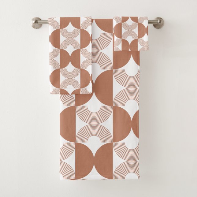 50s Modern Midcentury retro Line art brown white Bath Towel Set (Insitu)