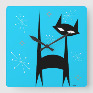 50's Retro Black Cat Blue Pop Art Clock
