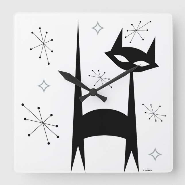 50's Retro Black Cat White Pop Art Clock (Front)