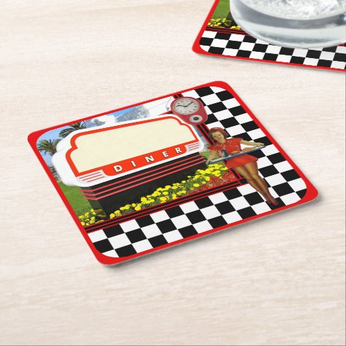 50s Retro Diner Blank Sign Square Paper Coaster