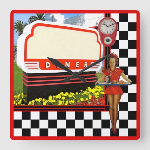 50s Retro Diner Blank Sign Square Wall Clock