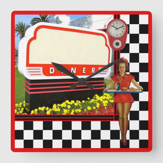 50s Retro Diner Blank Sign Square Wall Clock (Front)