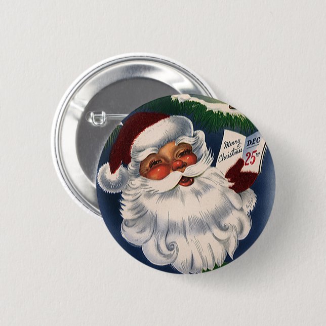 50s Retro Jolly Santa Claus, Vintage Christmas Pinback Button (Front & Back)