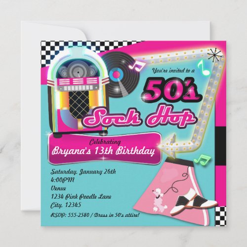 50s SOCK HOP Birthday Party Retro Invitation