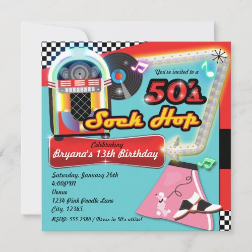 50s SOCK HOP Birthday Party Retro Red Invitation