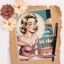 50s Vintage Retro Blonde Woman & Birthday Cake