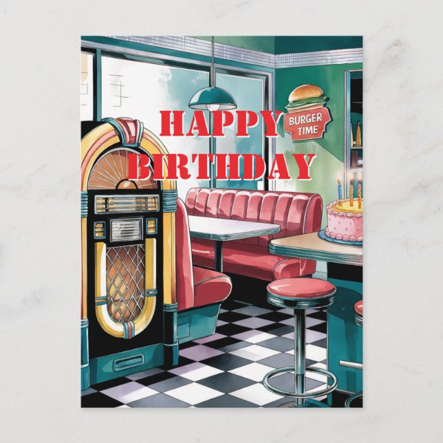 50s Vintage Retro Jukebox, Diner, Birthday Cake Postcard (Front)