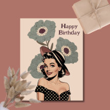 50s Vintage Retro pinup woman & flowers, Birthday