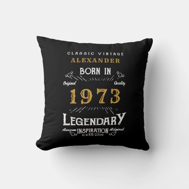 50th 1973 Birthday Retro Black Gold Legendary Throw Pillow (Front)