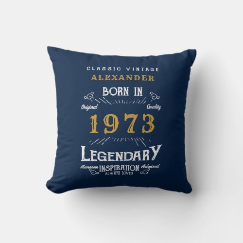 50th 1973 Birthday Retro Blue Gold Legendary Throw Pillow