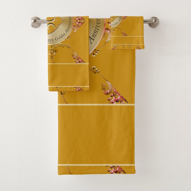 50th & 1st Golden Ochre Wedding Anniversary Bath Towel Set (Insitu)