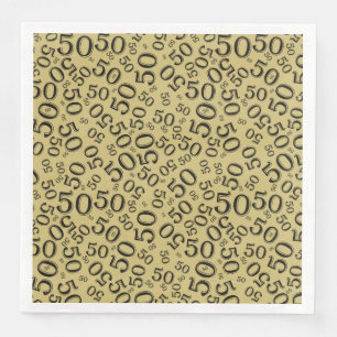 50th Age Random Number Pattern Black/Gold Paper Dinner Napkins