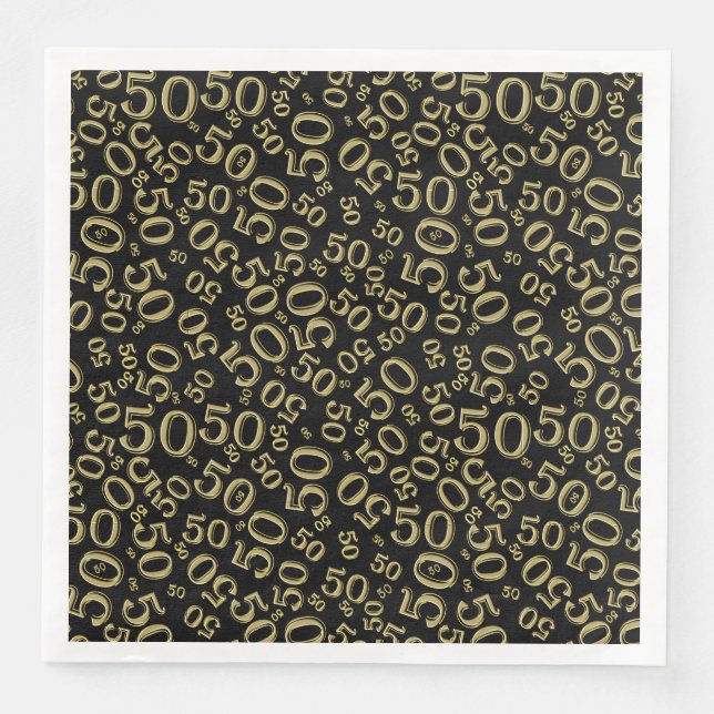50th Age Random Number Pattern Black/Gold Paper Dinner Napkins (Front)