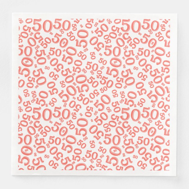 50th Age Random Number Pattern Coral/White Paper Dinner Napkins (Front)
