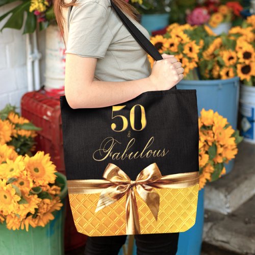 50th and Fabulous Black Gold Leather Tote Bag