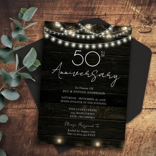 50th Anniverdary Party Rustic Wood Lights Invitation (Creator Uploaded)