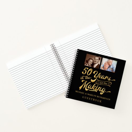 50th Anniversary 2 Photos Black Gold Guestbook Notebook