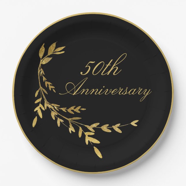 50th Anniversary 50 Fifty Black Gold Leaf Paper Plates (Front)