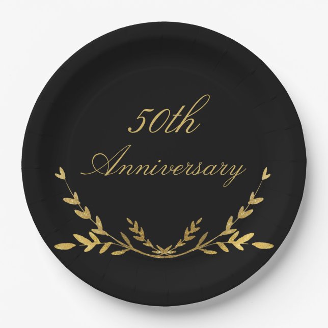 50th Anniversary 50 Fifty Elegant Black Gold Leaf Paper Plates (Front)