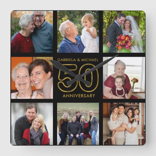 50th Anniversary 8 Photo Collage Black And Gold Square Wall Clock