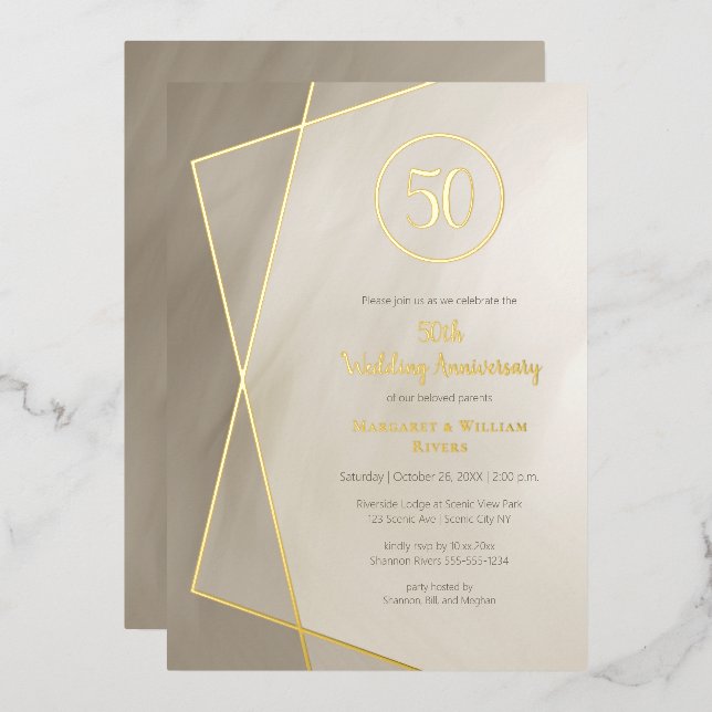 50th anniversary antique gray with gold foil invitation (Front/Back)