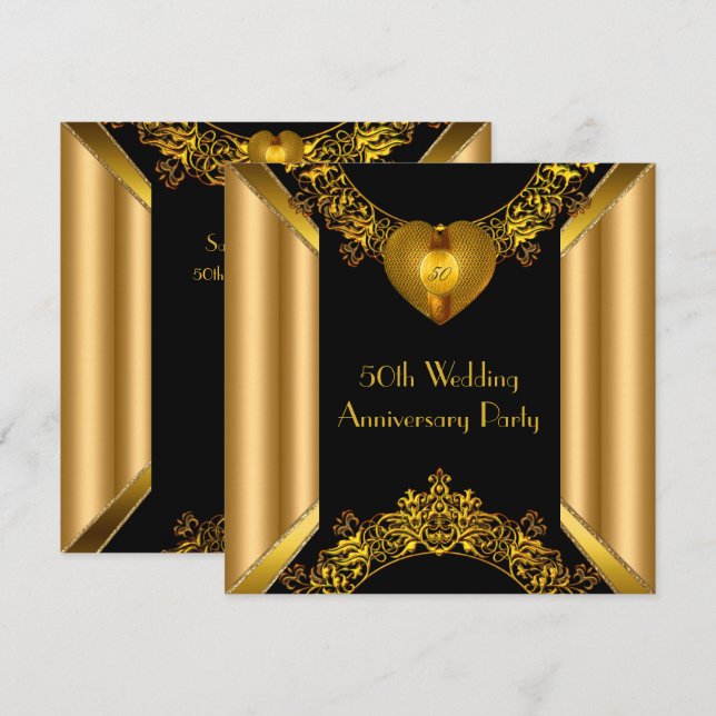 50th Anniversary Art Deco Gold Golden Heart 2 Invitation (Front/Back)
