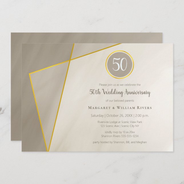 50th anniversary birthday antique gray gold frame invitation (Front/Back)
