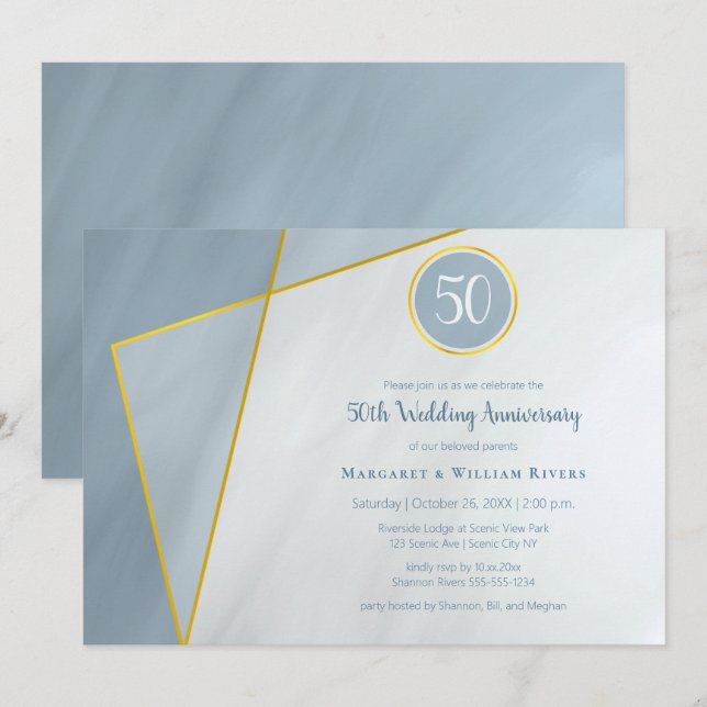 50th anniversary birthday dusty blue w gold frame invitation (Front/Back)