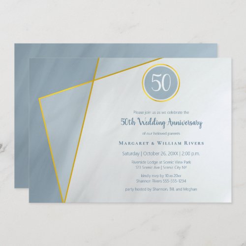 50th anniversary birthday dusty blue w gold frame invitation