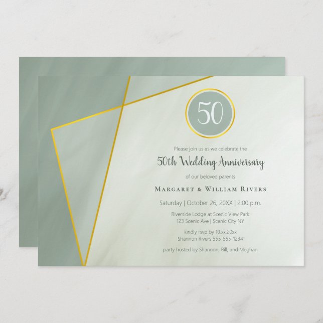 50th anniversary birthday grayed jade w gold frame invitation (Front/Back)