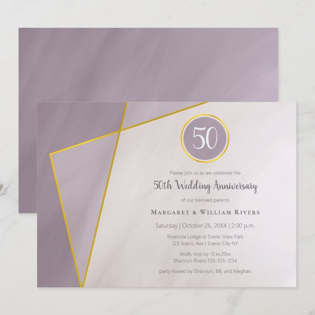 50th anniversary birthday muted plum w gold frame invitation (Front/Back)