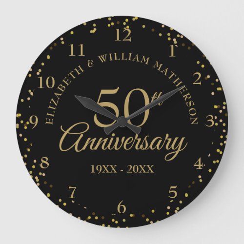 50th Anniversary Black And Gold Dust Confetti  Large Clock