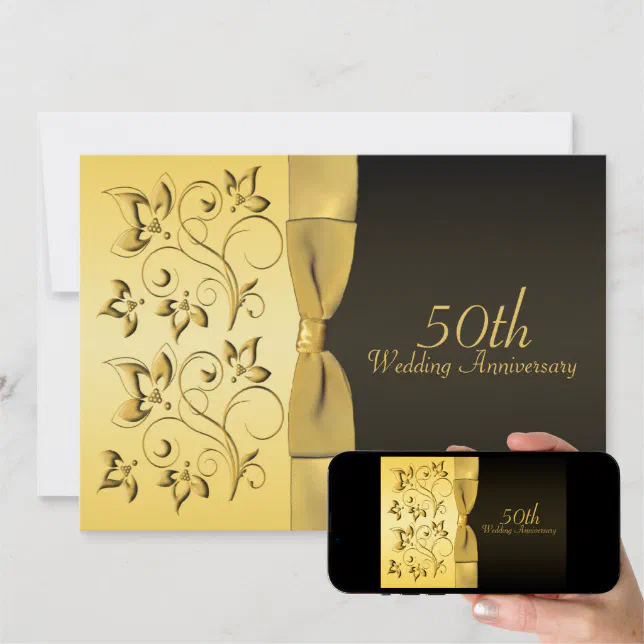 50th Anniversary Black and Gold Floral Invitation | Zazzle