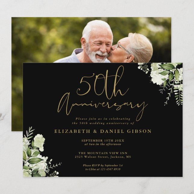 50th Anniversary Black And Gold Greenery Photo Invitation (Front/Back)