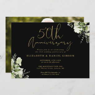 50th Anniversary Black And Gold Greenery Photo Invitation