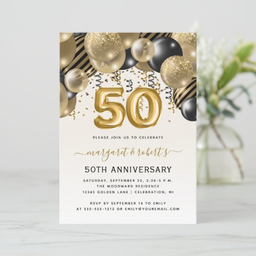 50th Anniversary Black Gold Balloon Arch Party Invitation | Zazzle