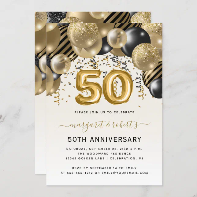 50th Anniversary Black Gold Balloon Arch Party Invitation 