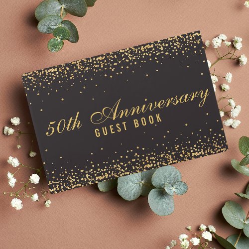 50th Anniversary Black Gold Confetti Elegant Guest Book