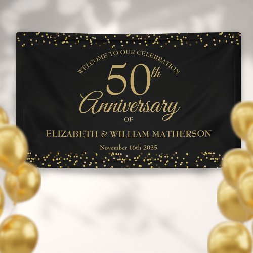 50th Anniversary Black Gold Dust Confetti Welcome Banner