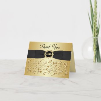 50th Anniversary Black Gold Floral Thank You Card by NiteOwlStudio at Zazzle