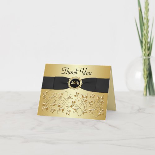 50th Anniversary Black Gold Floral Thank You Card