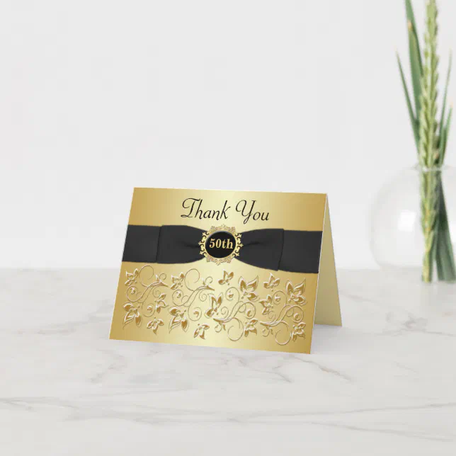 50th Anniversary Black Gold Floral Thank You Card | Zazzle