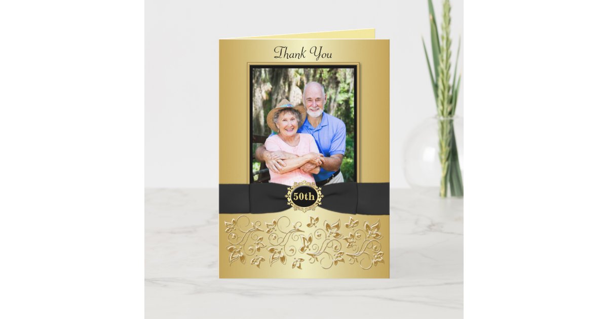 50th Anniversary Black Gold Floral Thank You Card | Zazzle